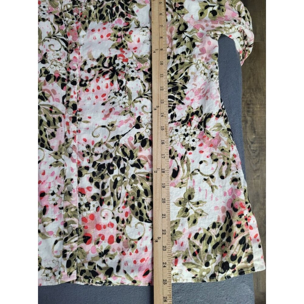 CORAL BAY Women';s LG Linen Blend Floral Button Up Blouse Top Roll Tab Sleeve - Picture 7 of 9